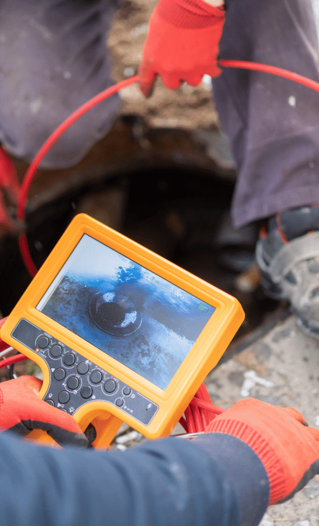 Sewer camera monitor held in gloved hands, duplicate copy